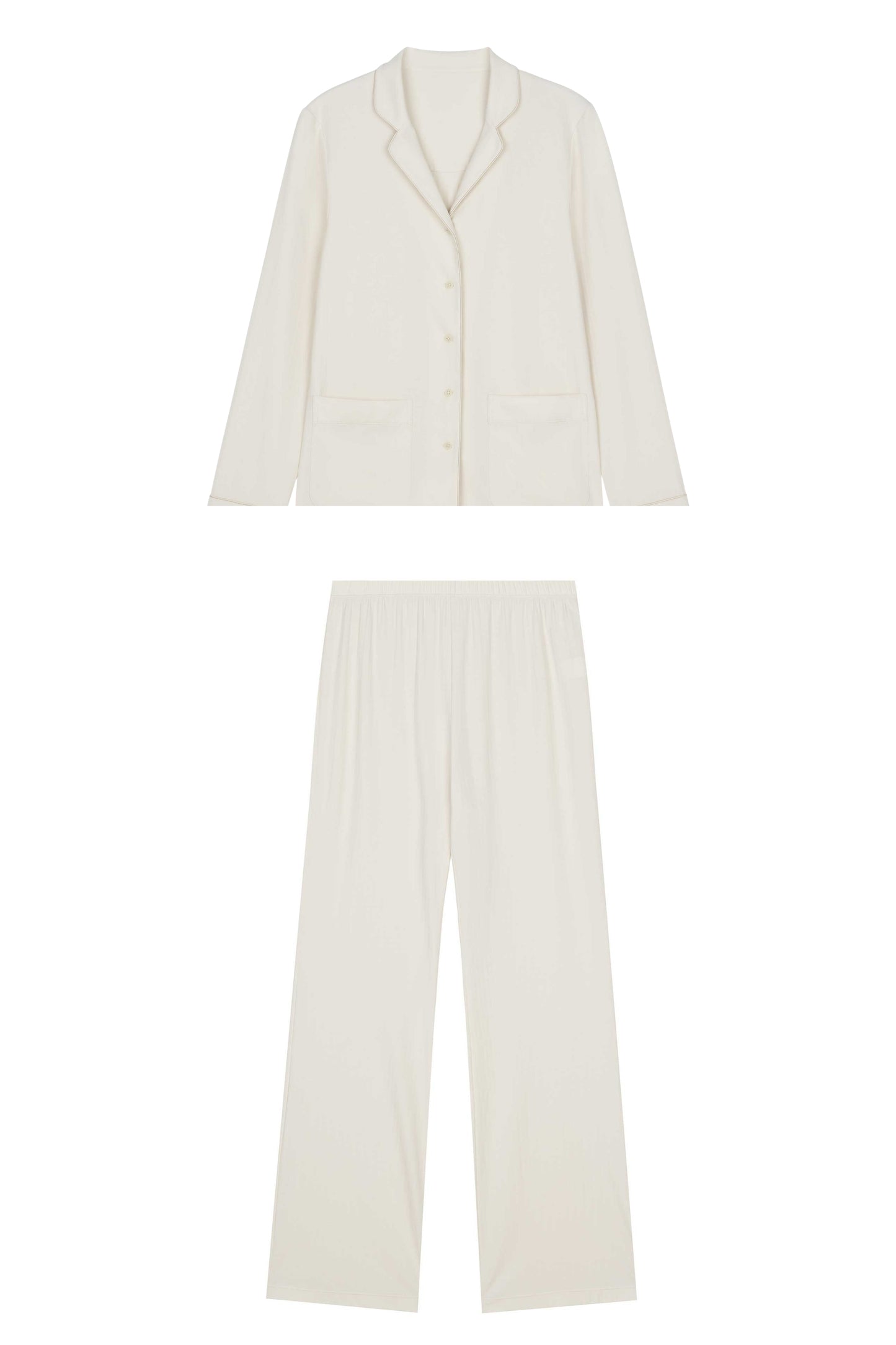 close up of cream color pajama button up top and pants