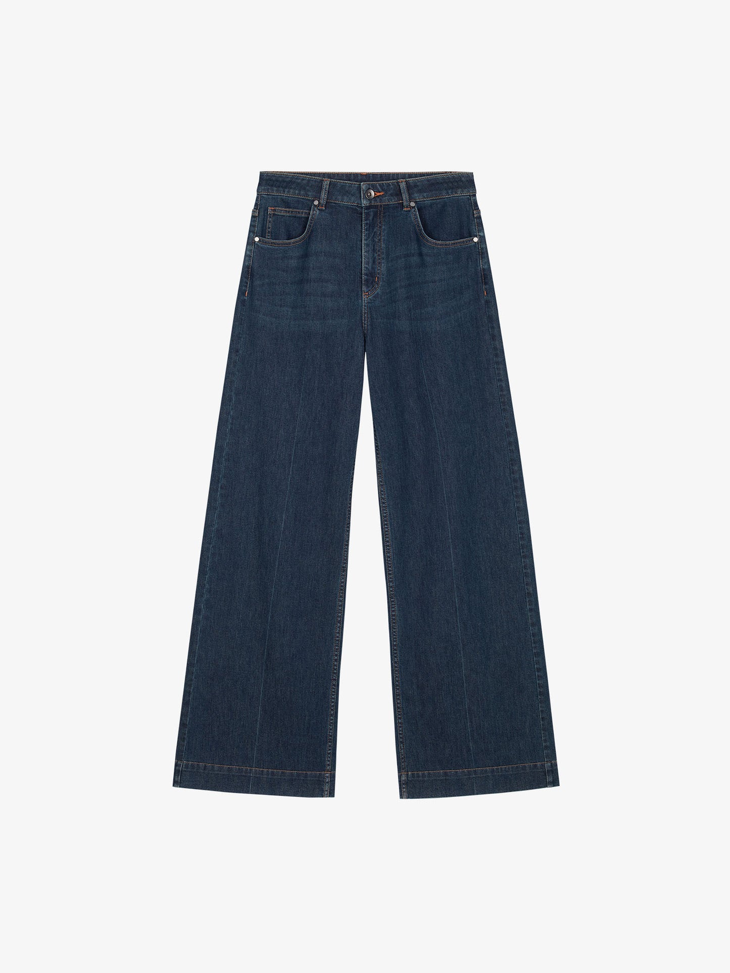 Flat lay of dark blue denim jeans.