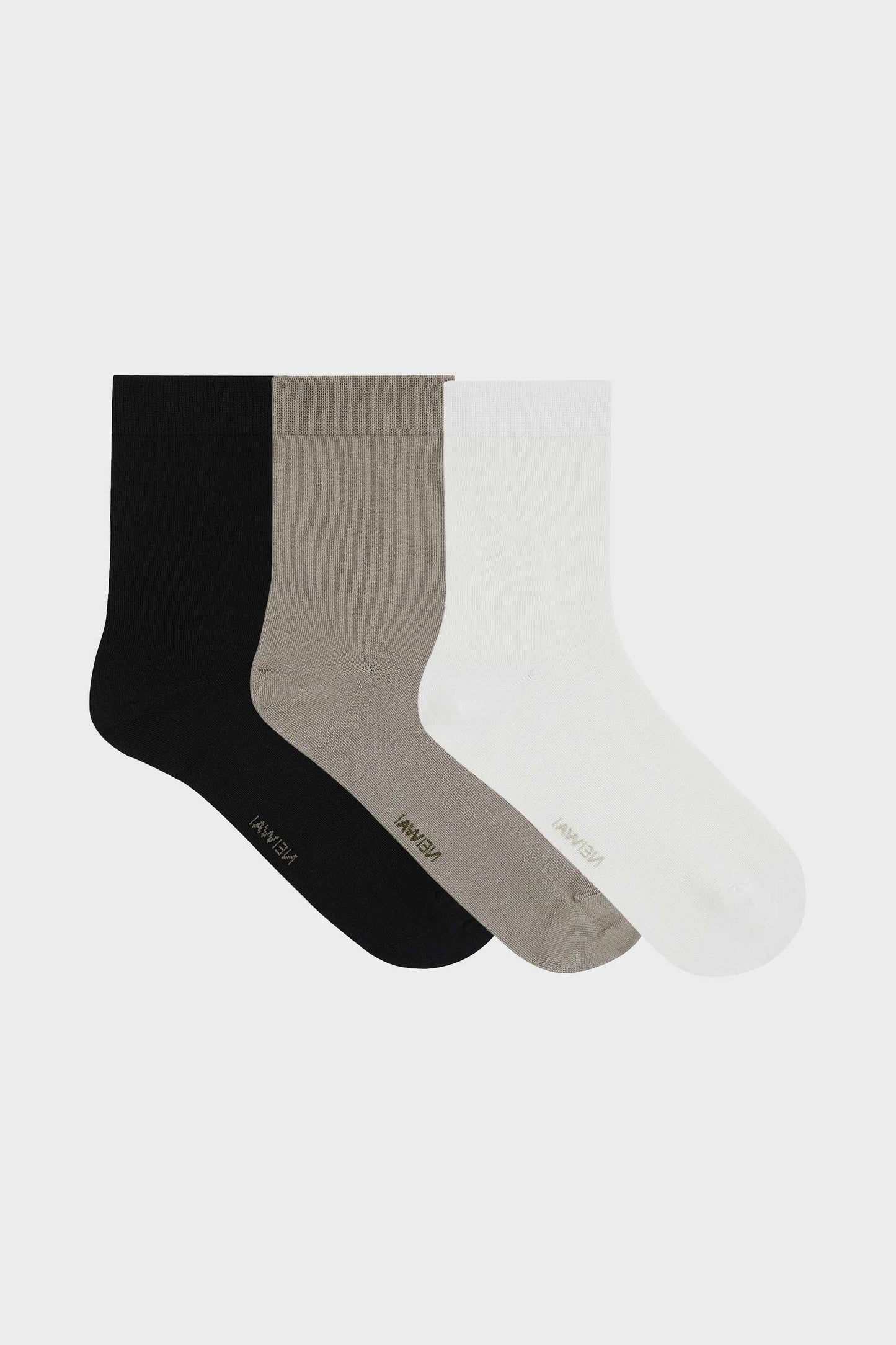 three pack of men's mid calf socks include black, grey and white color