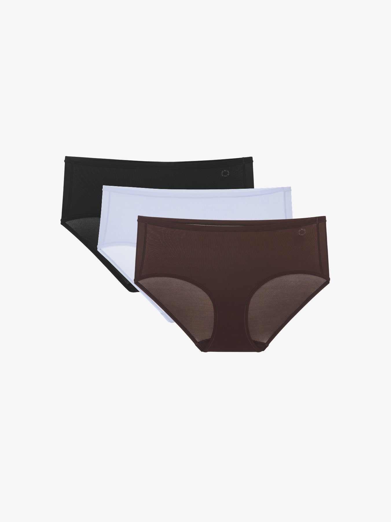 Flat lays of black. brown, and blue briefs.