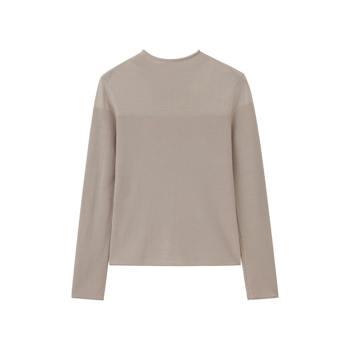 a grey silky wool mock neck sweater from back