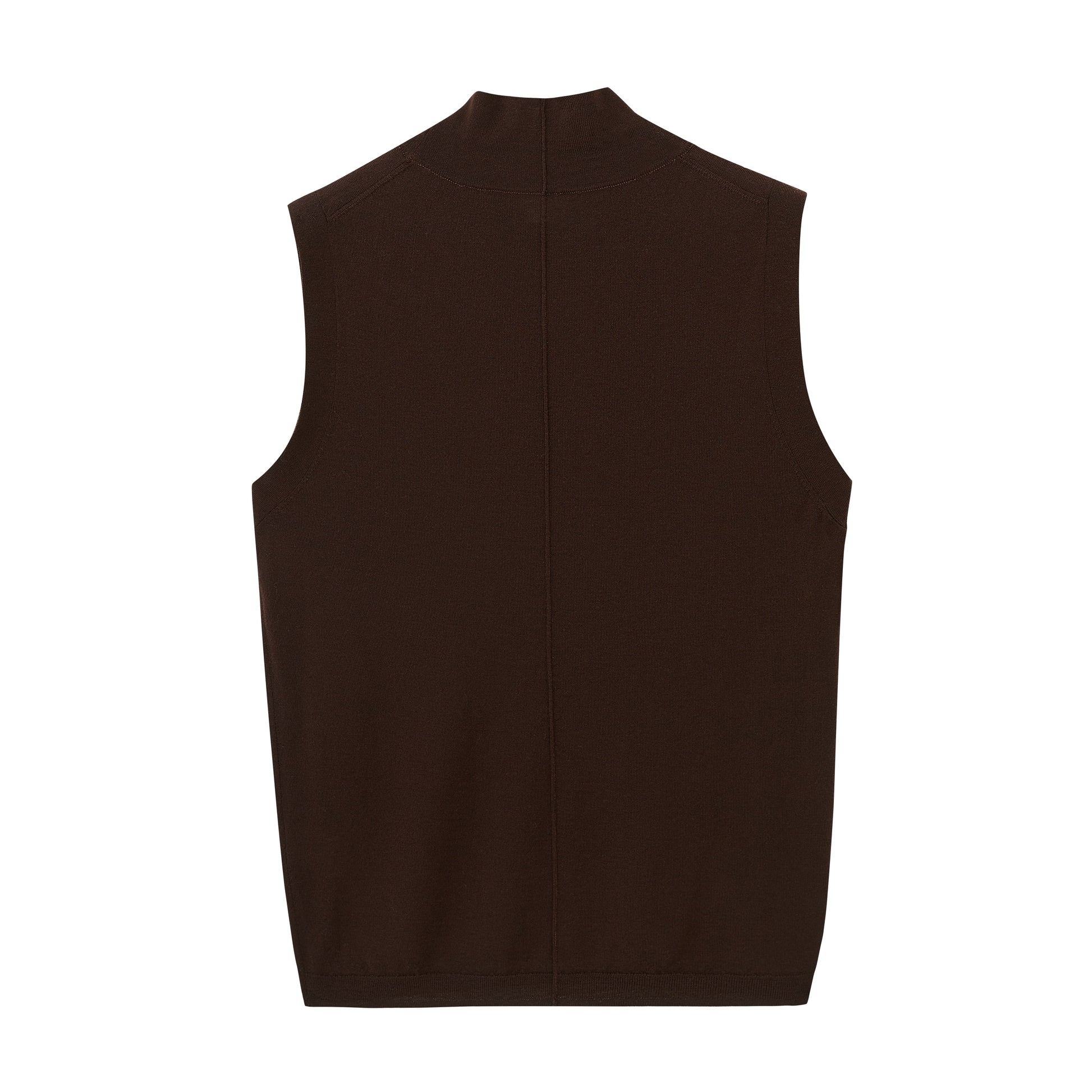 a brown silky wool mock neck sleeveless sweater from back