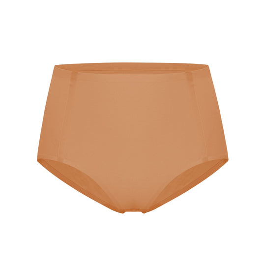 flat lay image of tanned orange brief