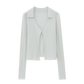 Flat lay image of light green knit cardigan with collar