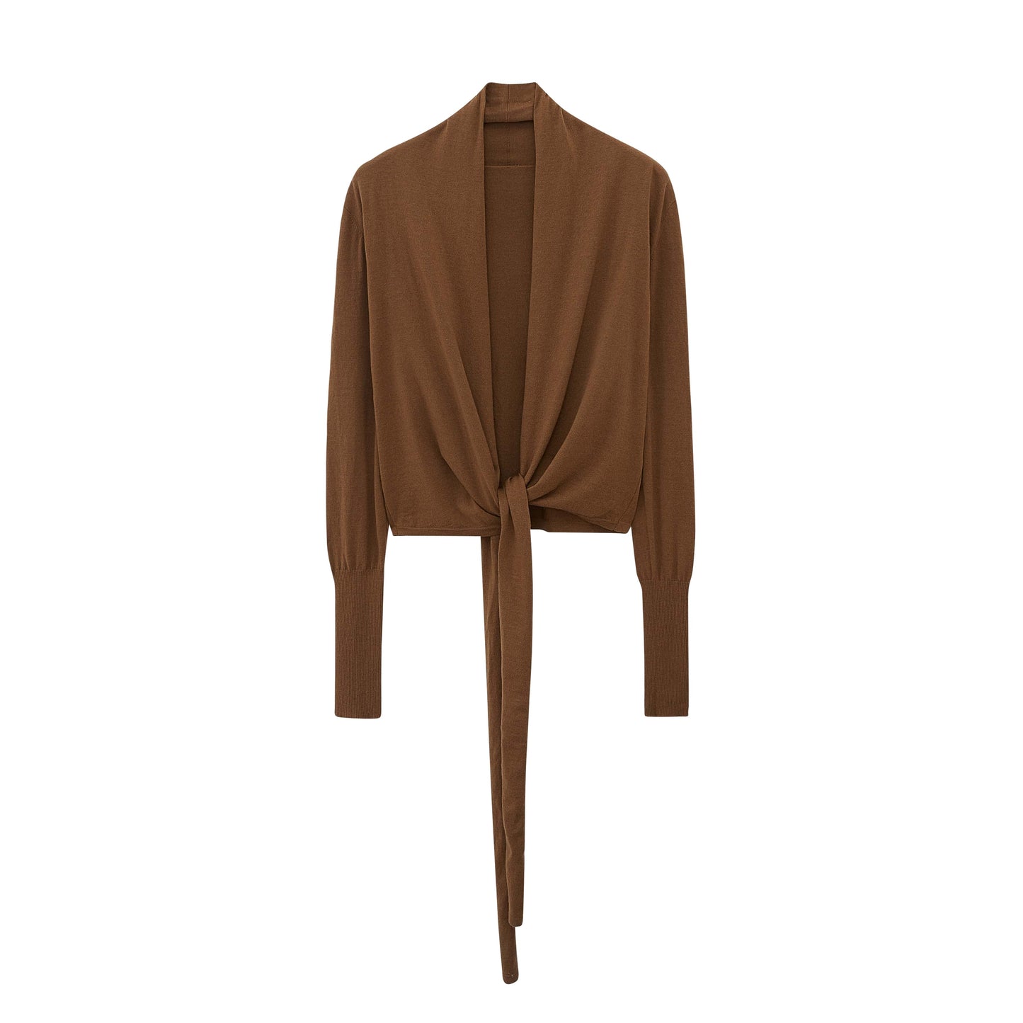Flat Lay of brown cardigan with front knot
