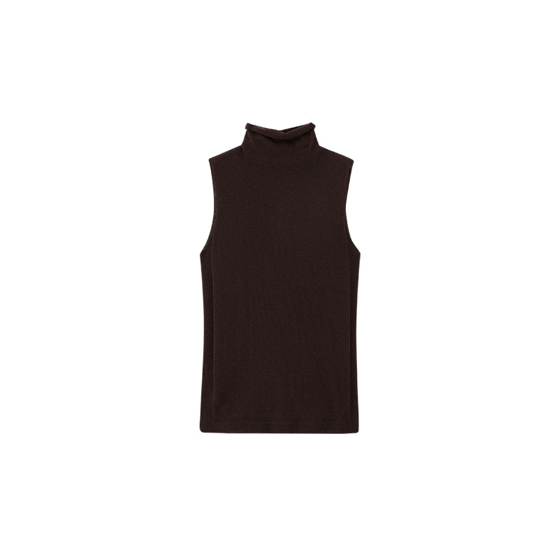 Flat lay of brown knit turtleneck sleeveless top