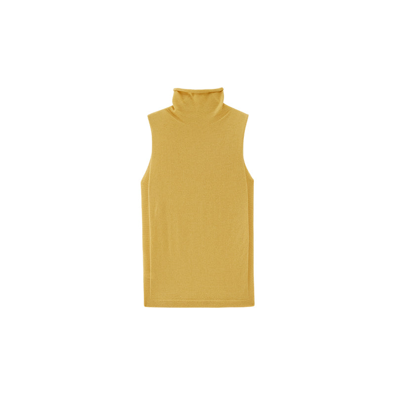 Flat lay of yellow knit turtleneck sleeveless top