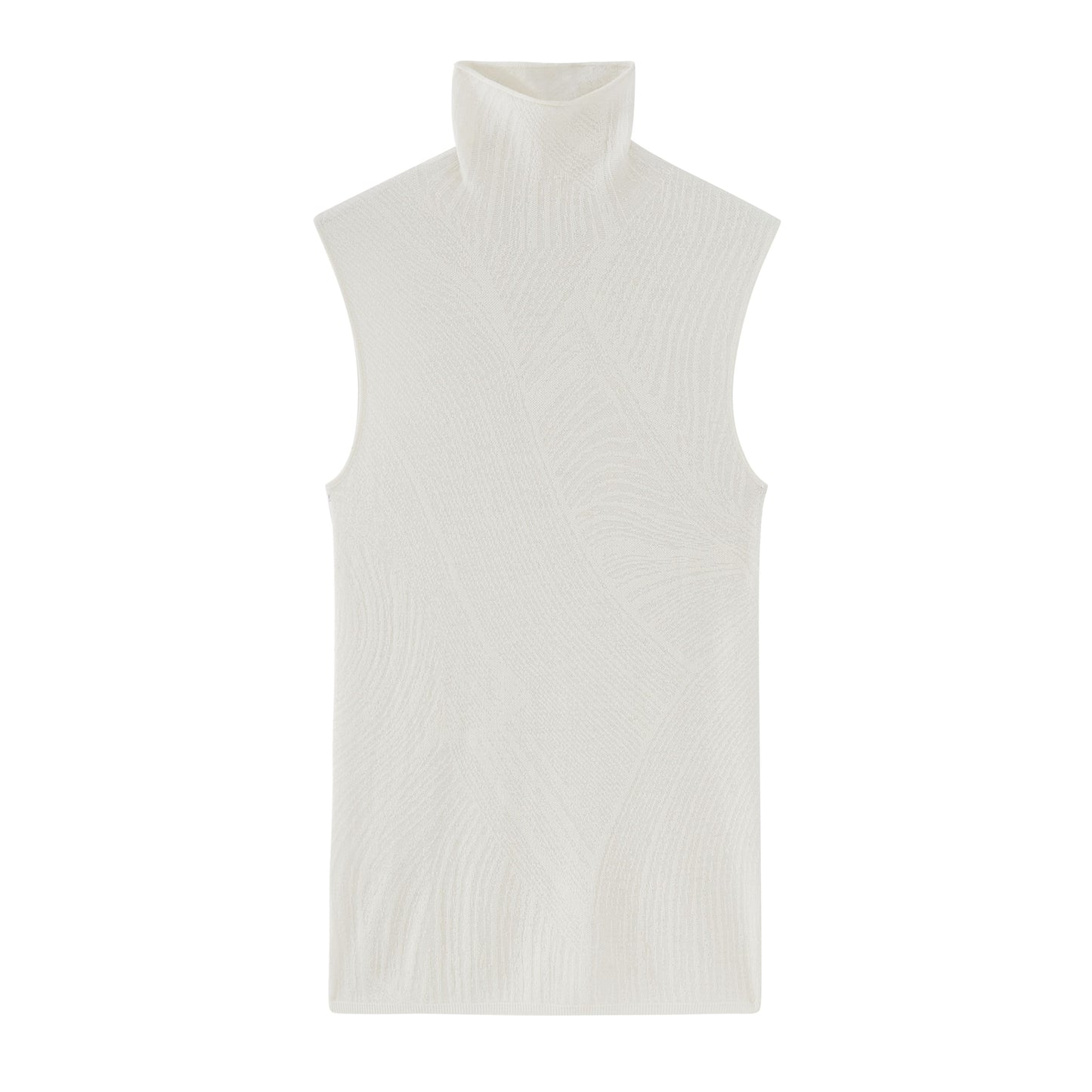 flat lay of white knitted sleeveless turtleneck top