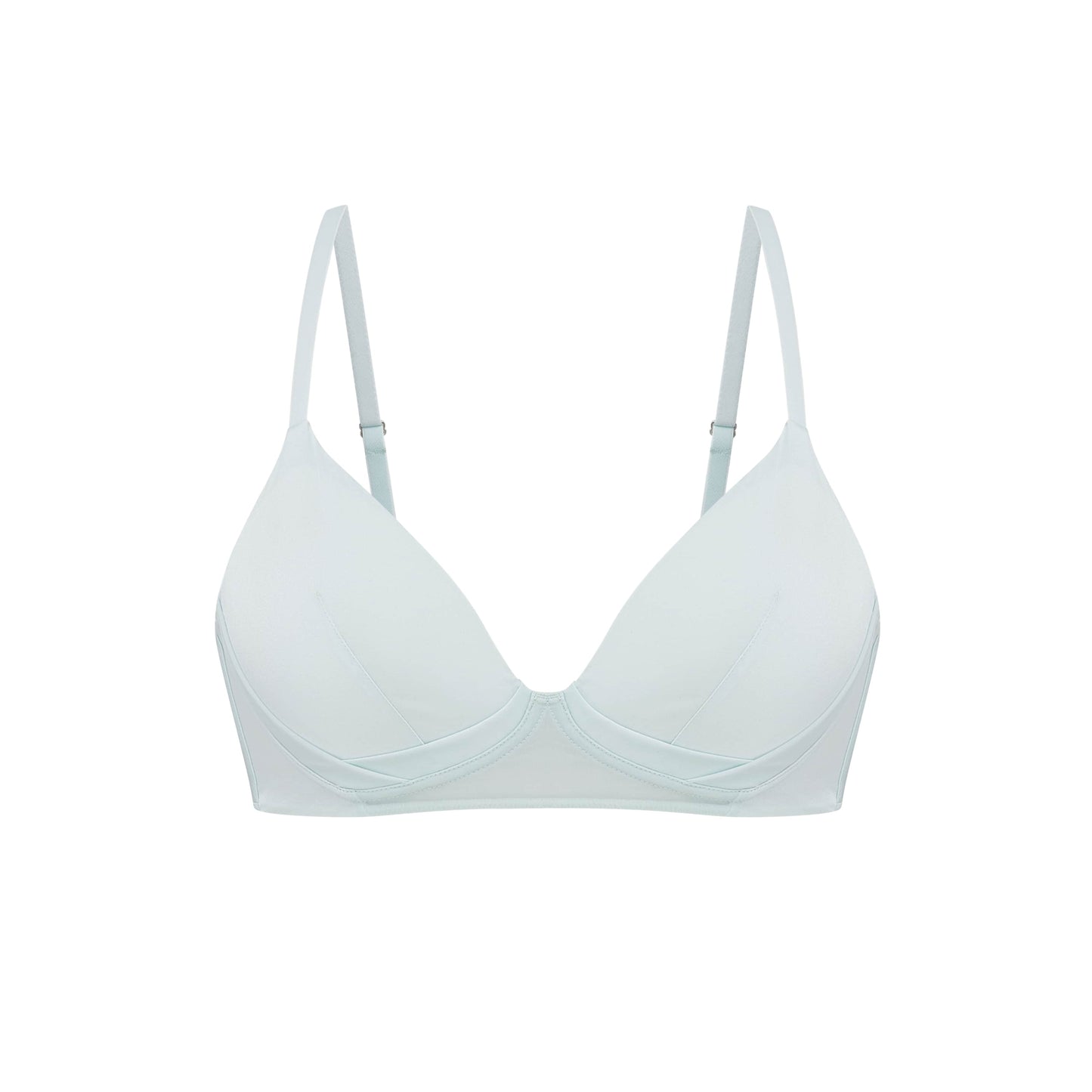 Flat lay of light blue silk bra