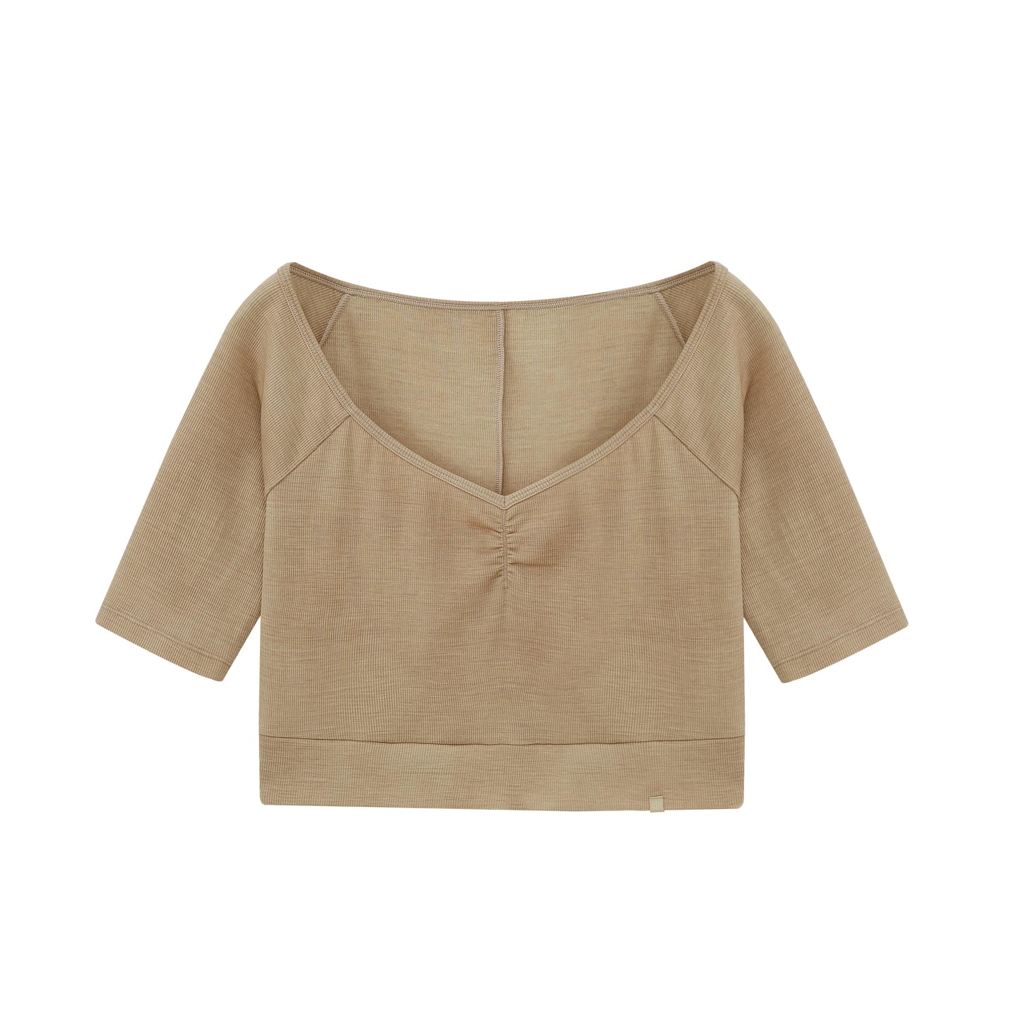 Flat lay of beige V-neck sweater.