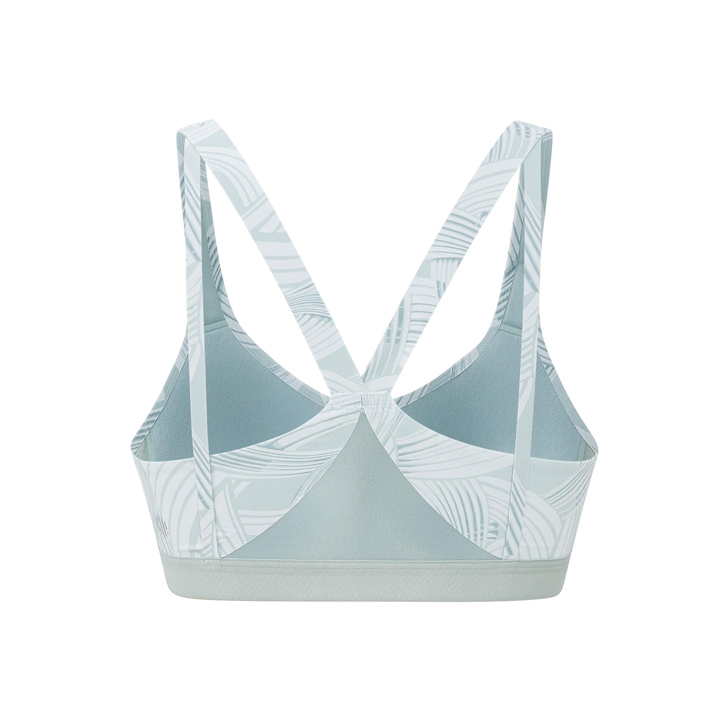 Flat lay of back of aqua print sports bra with mesh inlay