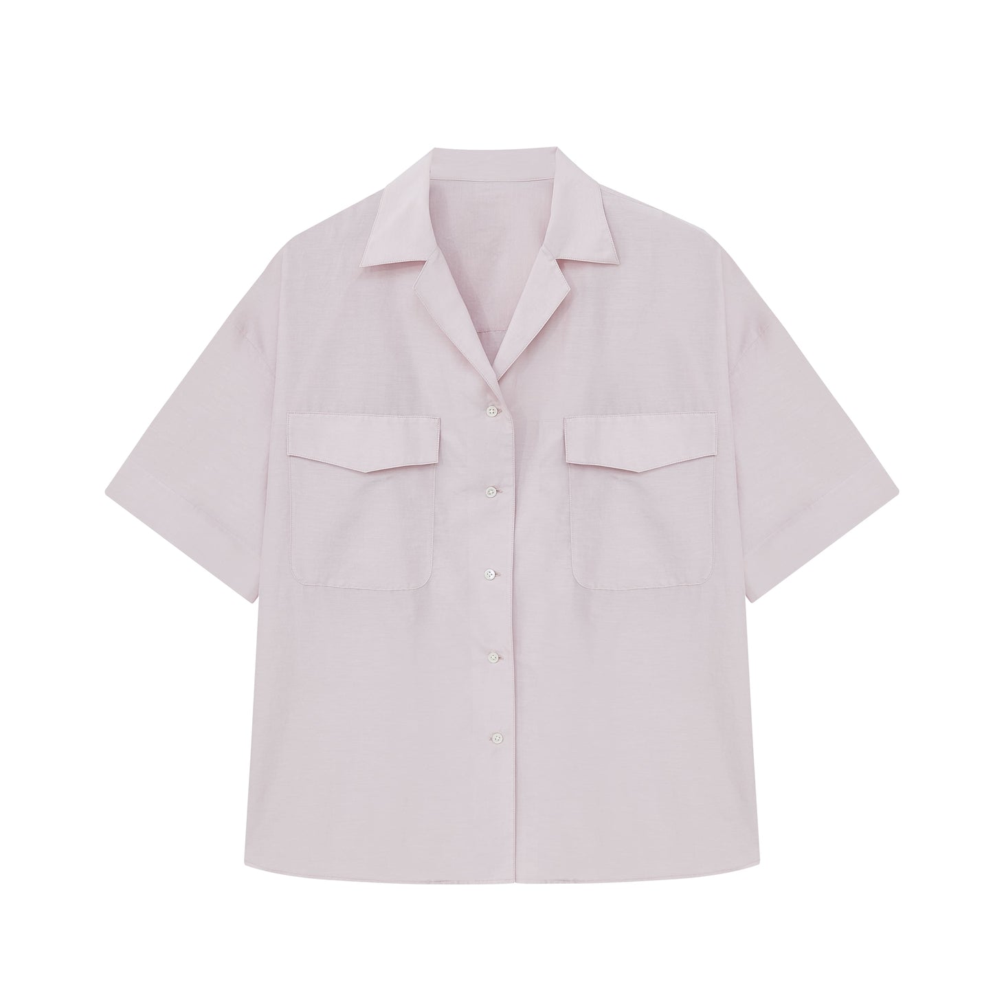 Flat lay of light purple shirt with chest pockets.