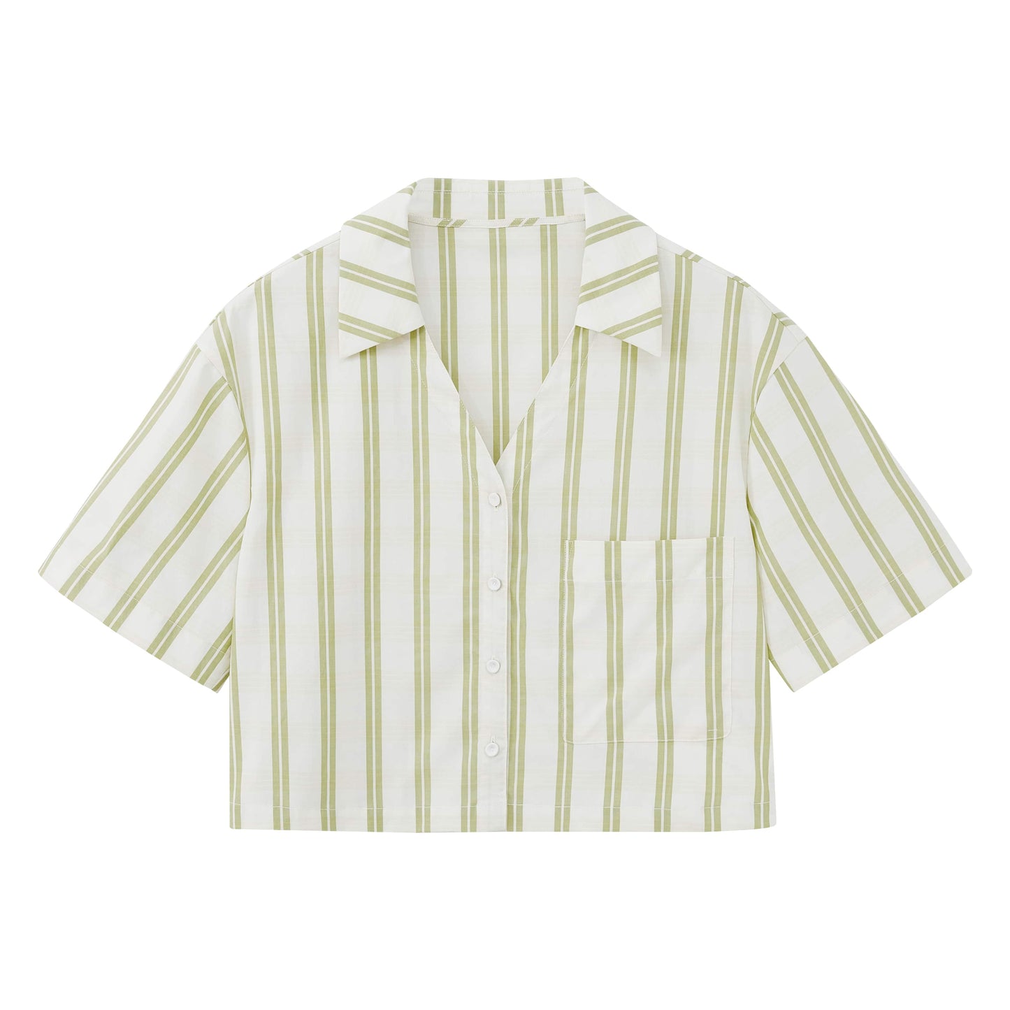 Flat lay of white and green striped short sleeve button up pajama shirt