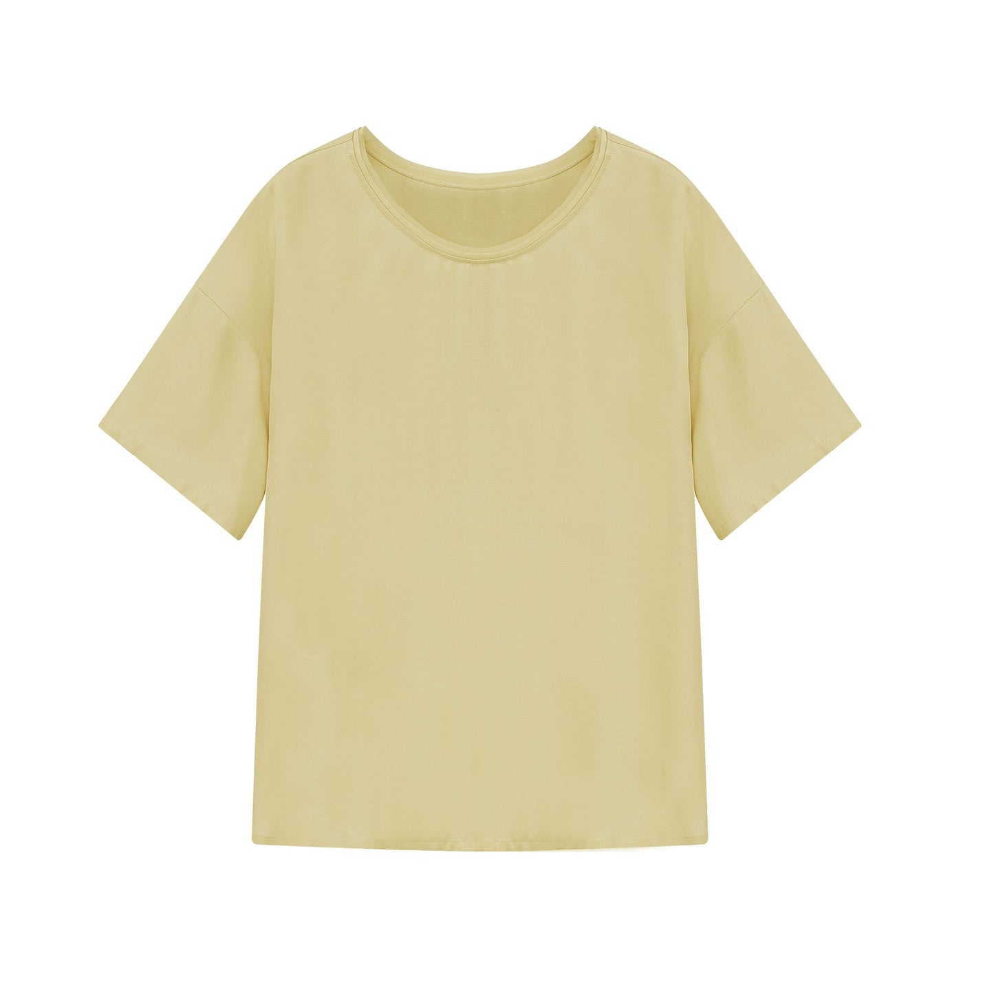 Flat lay of light green silk blend pajama tee.
