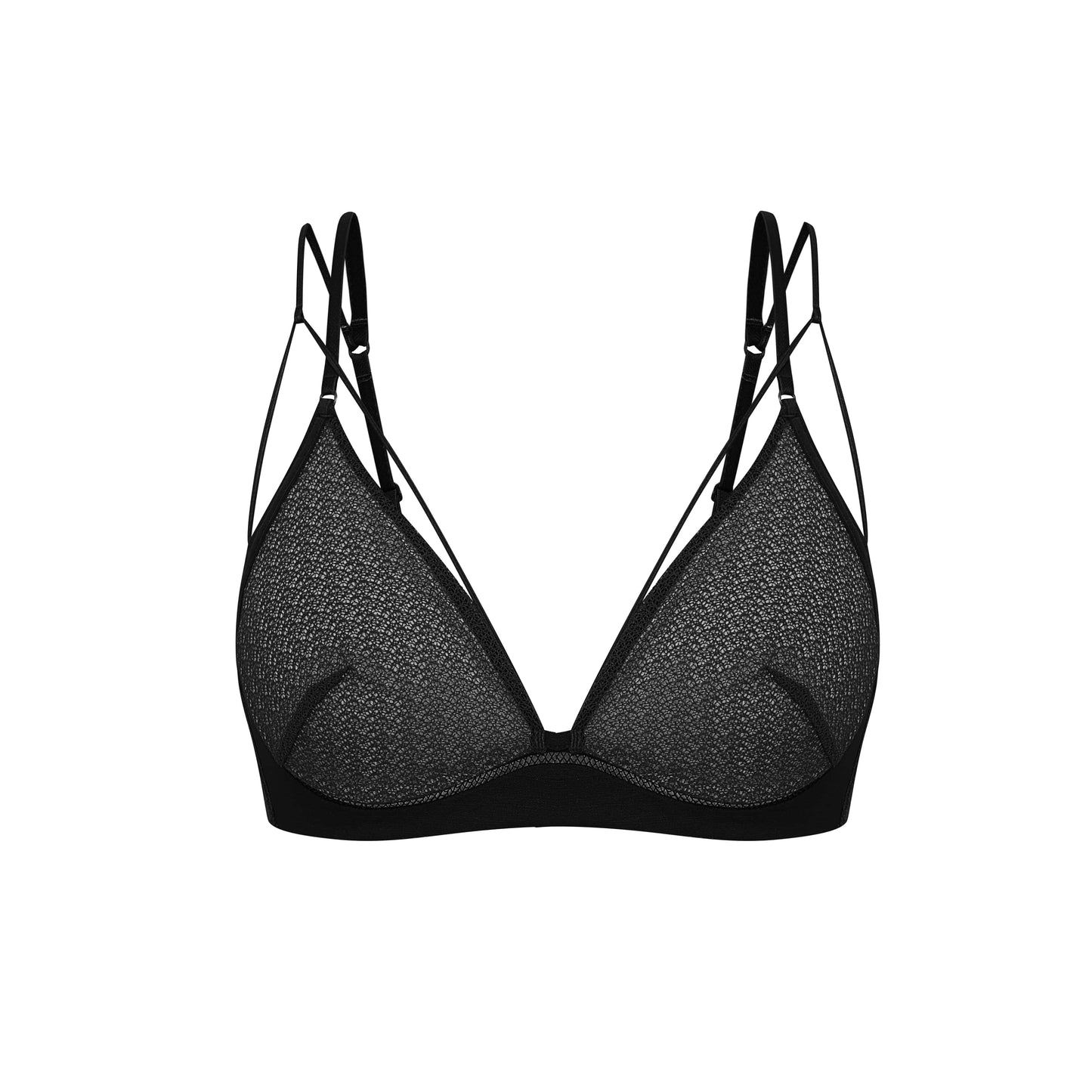 Flat lay of black lace bra.