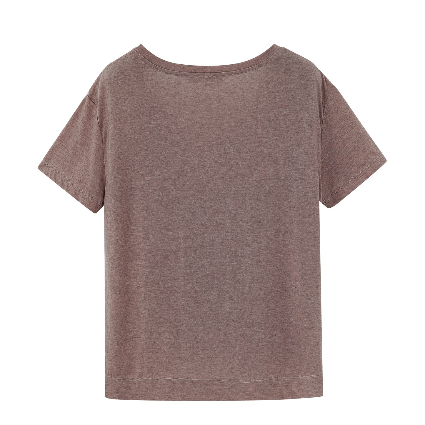 a grey short sleeve drape-front sweater from back