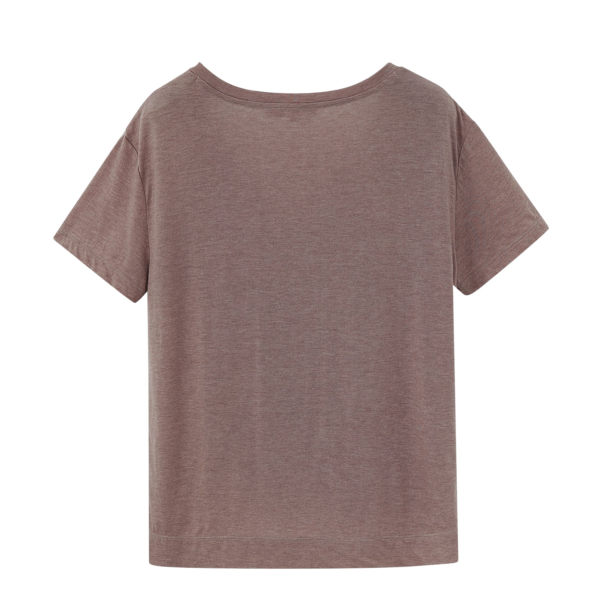 a grey short sleeve drape-front sweater from back