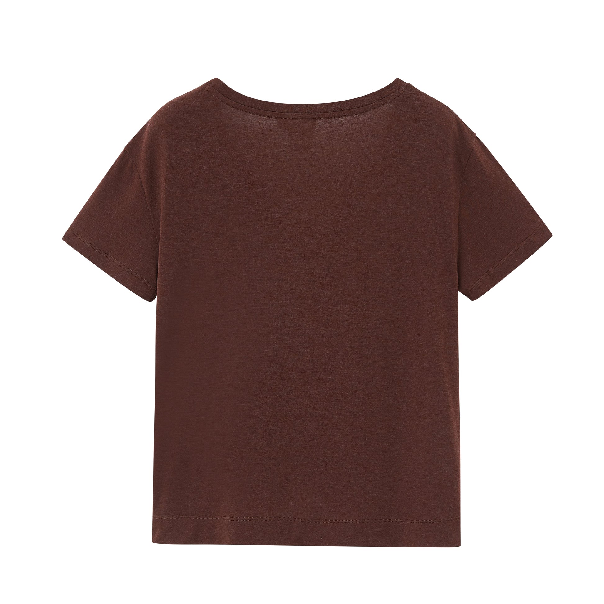 a brown short sleeve drape-front sweater from back