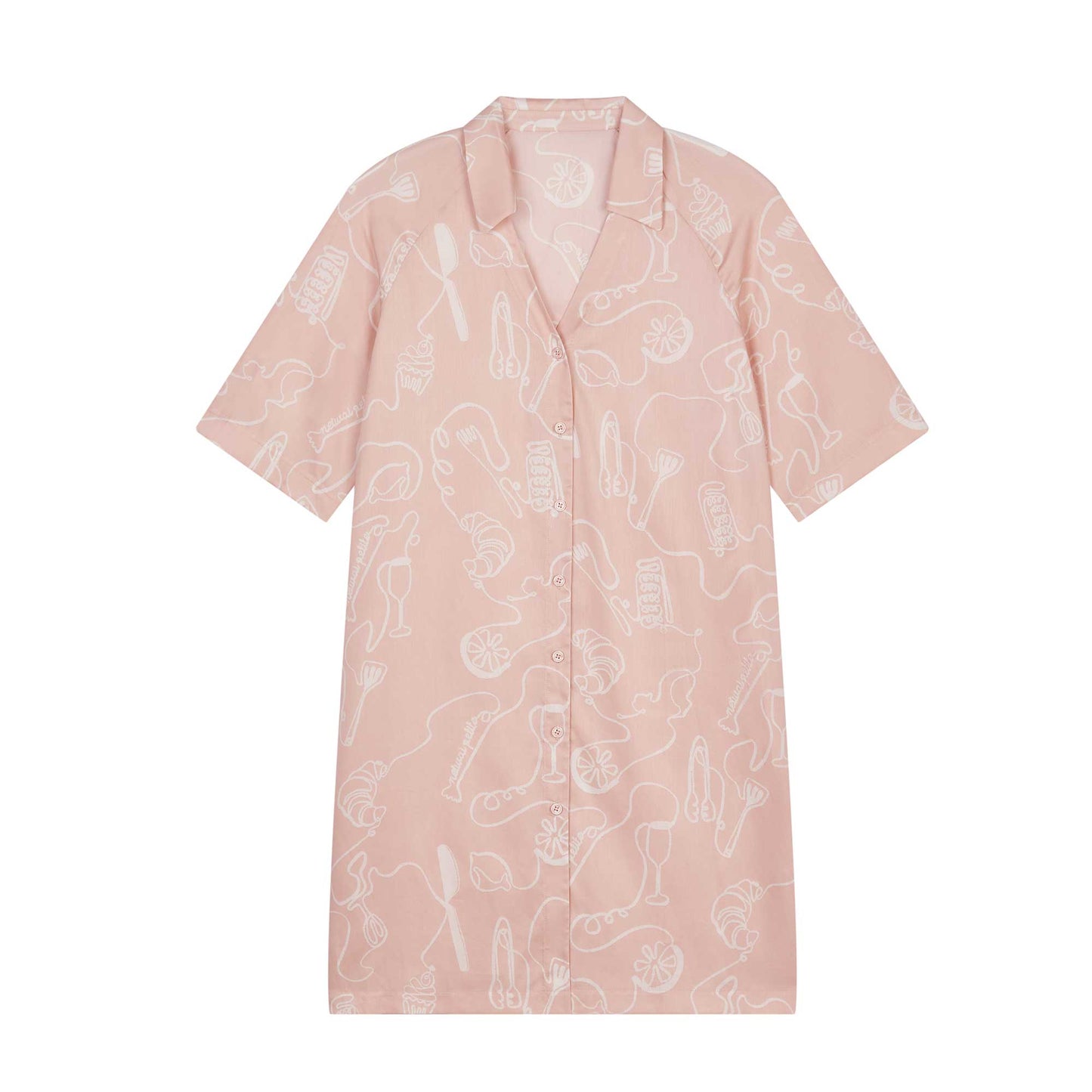 flay lay of pink pajama dress with white sketches