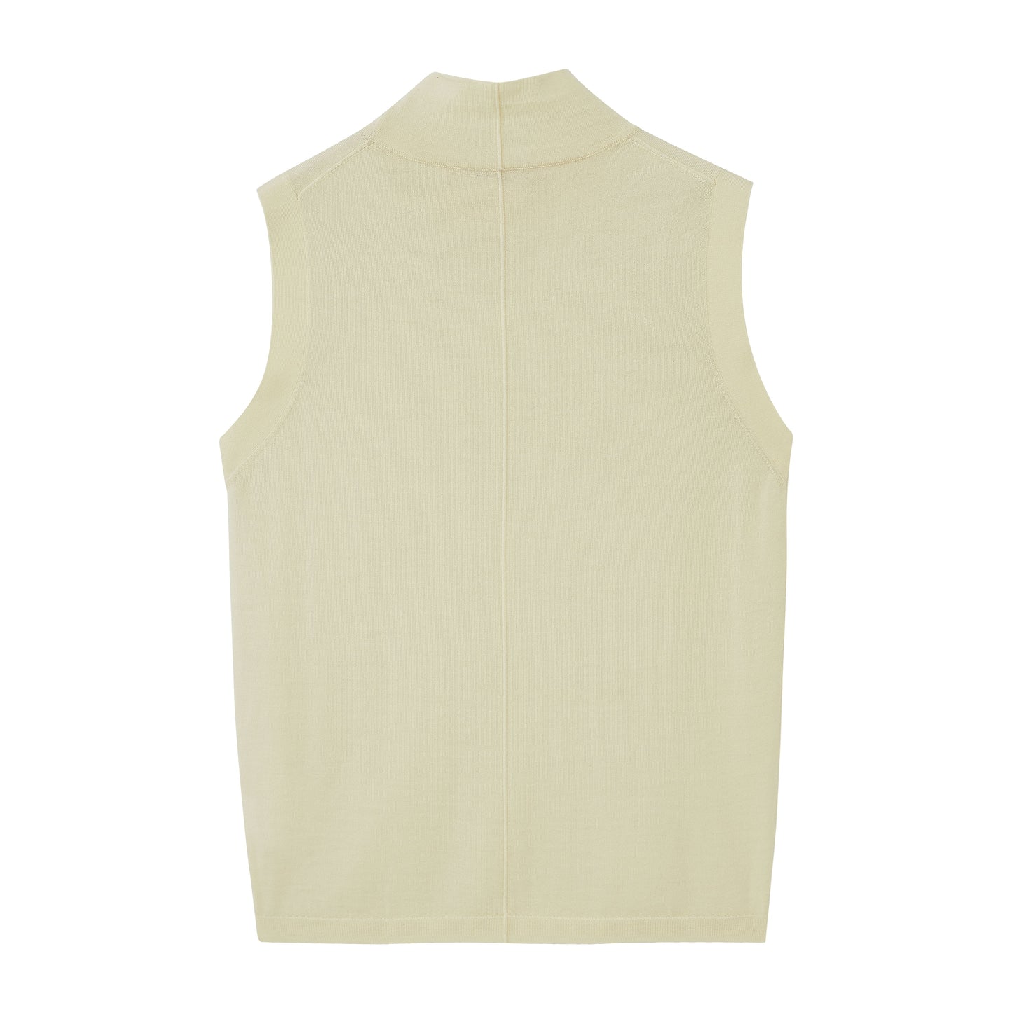 a white silky wool mock neck sleeveless sweater from back