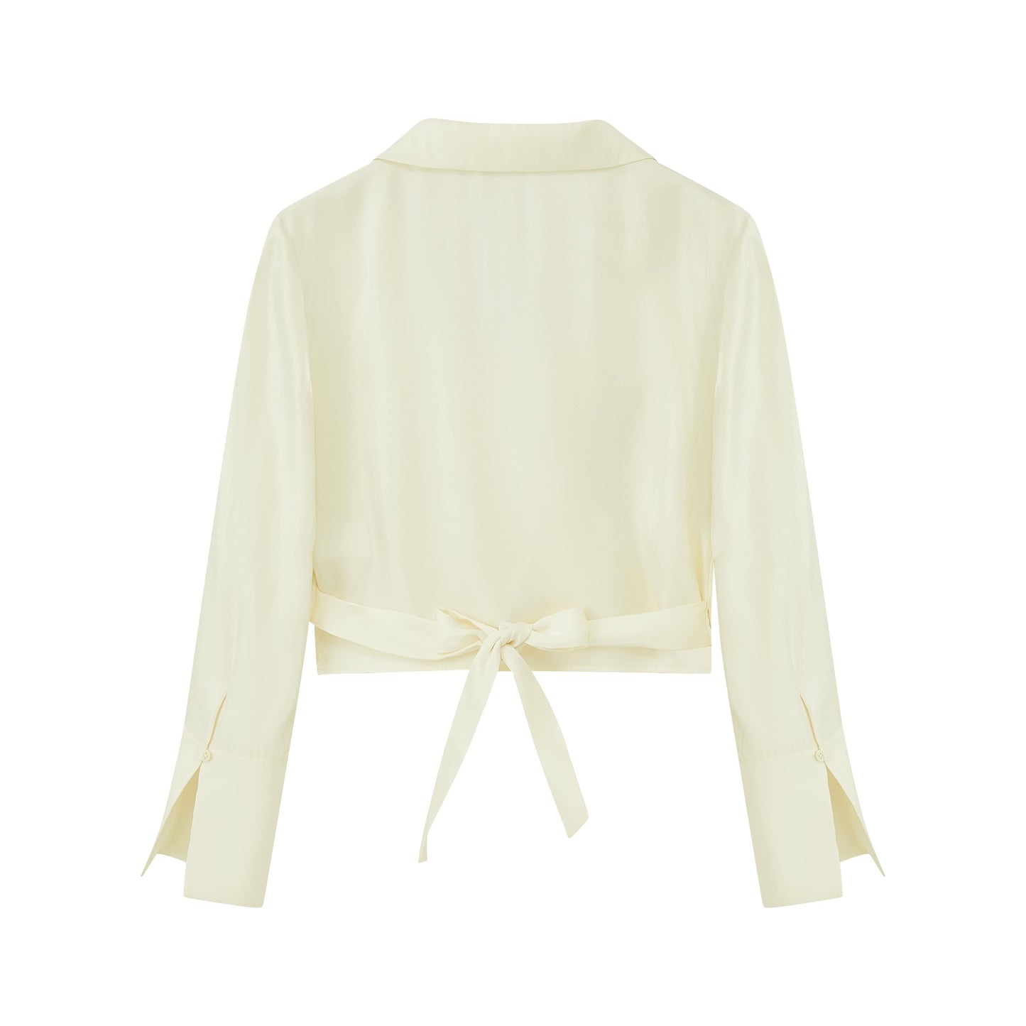 flat lay image of navy satin shirt from back