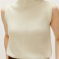 close up of the white silky wool mock neck sleeveless sweater 