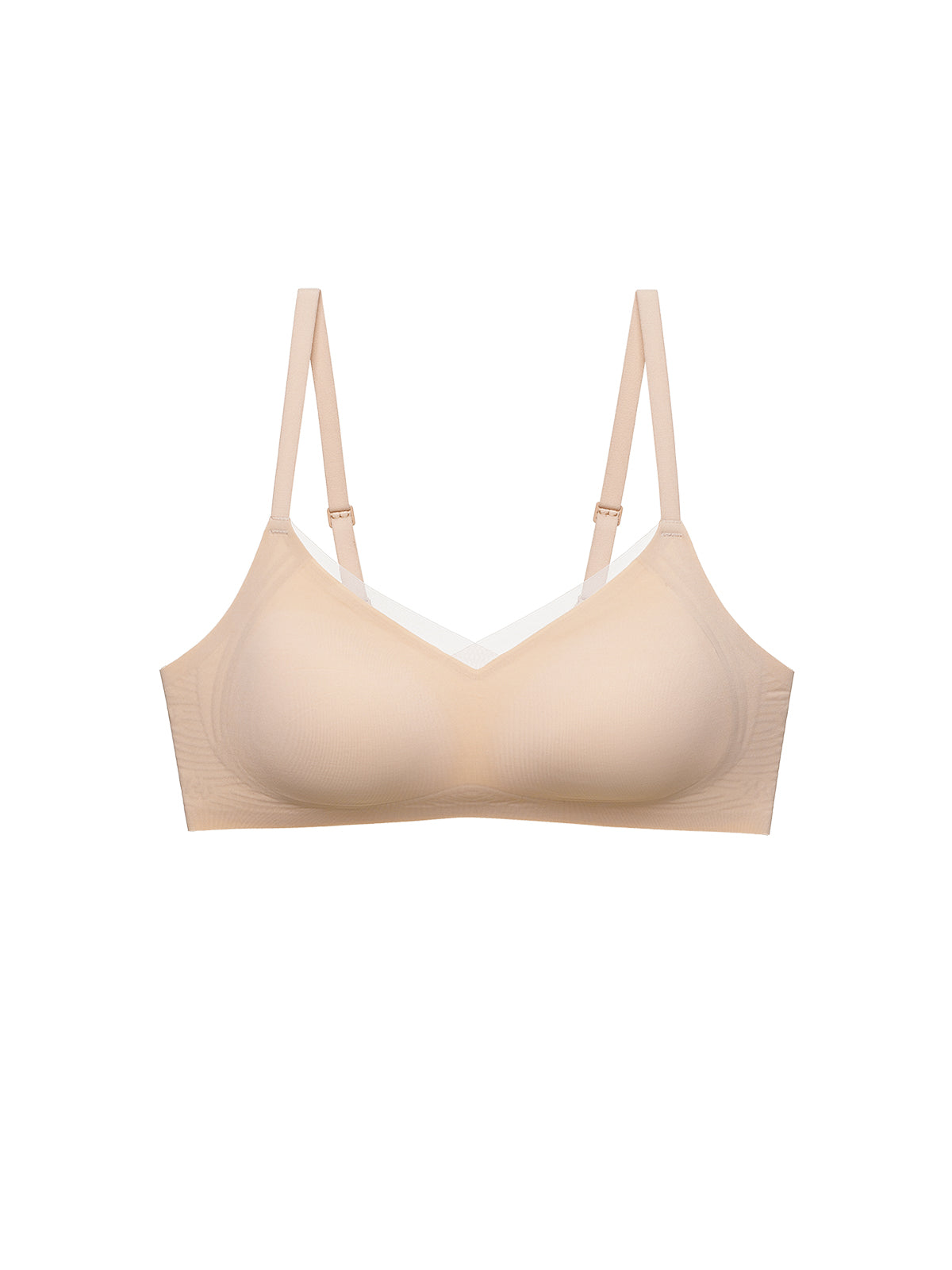 A light beige wireless underwire bra with adjustable shoulder straps, shown against a plain white background.Toasted Almond