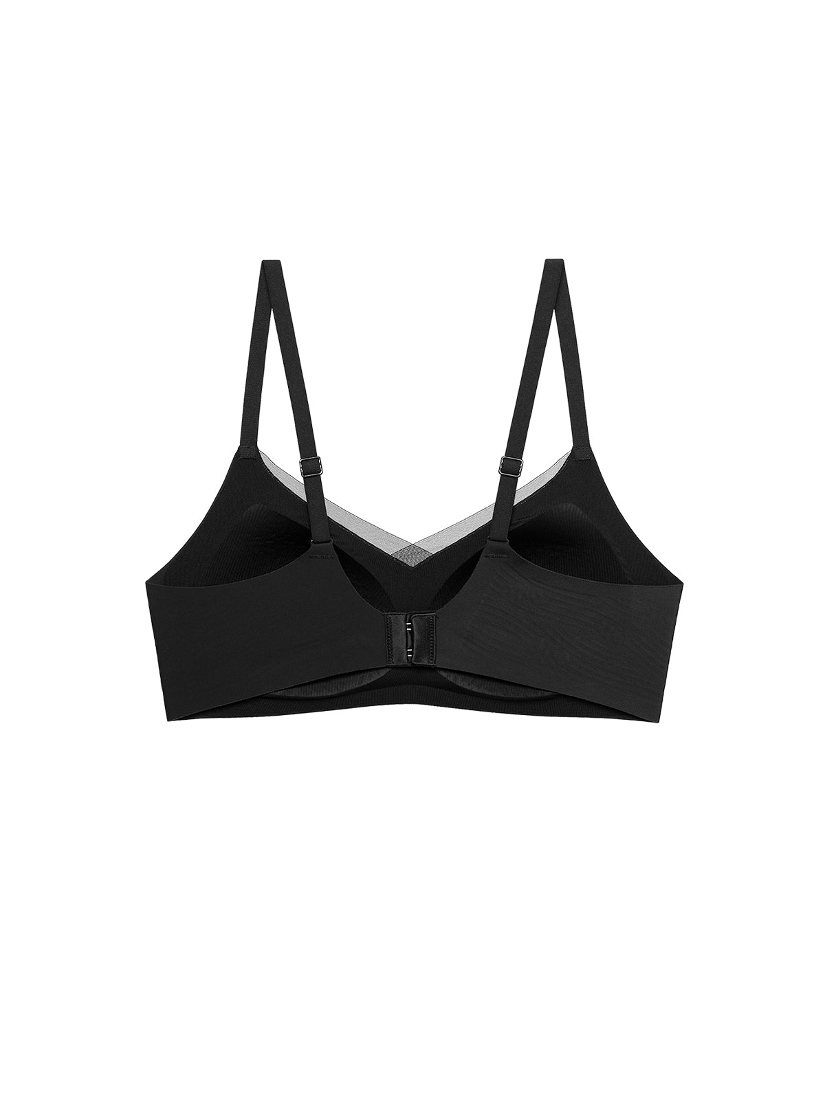 A black wireless bra with a center front zipper and thin adjustable shoulder straps, shown against a plain white background.
