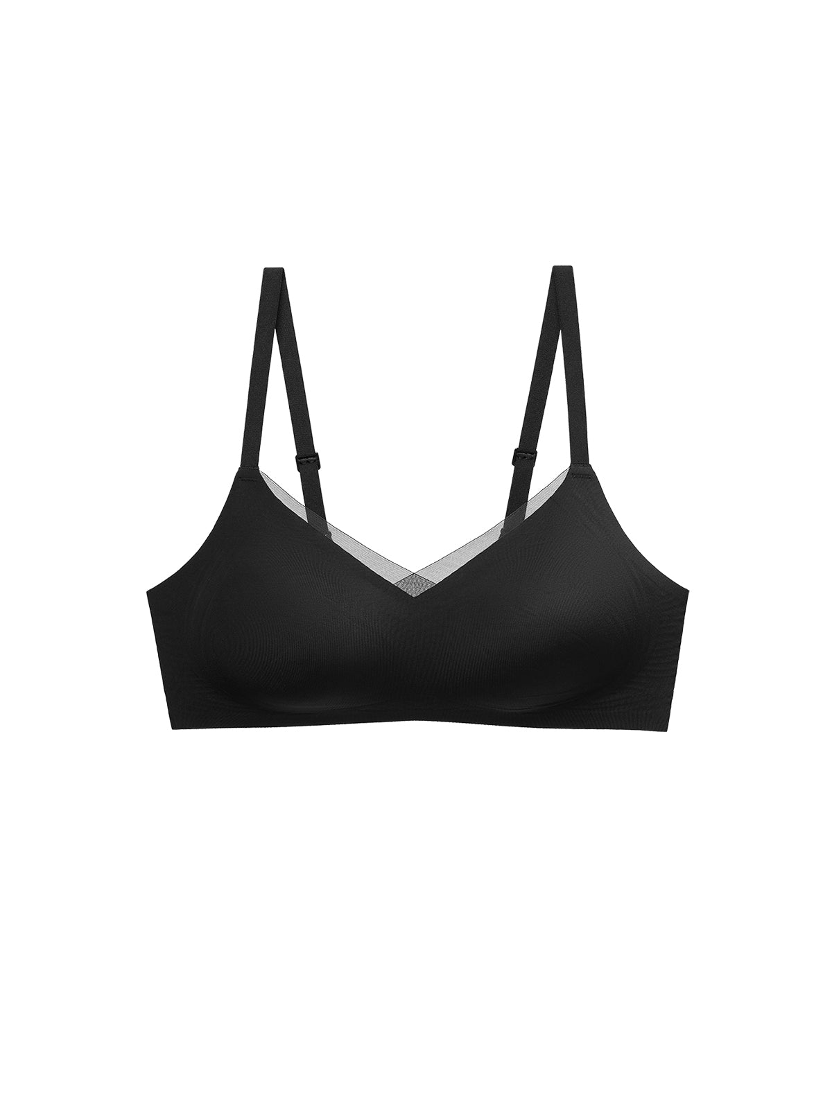 A black wireless bra with thin adjustable shoulder straps and a sheer mesh V-neckline detail, shown against a plain white background.