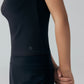 Closeup of black camisole top with logo.