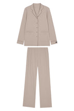 close up of coffee color pajama button up top and pants
