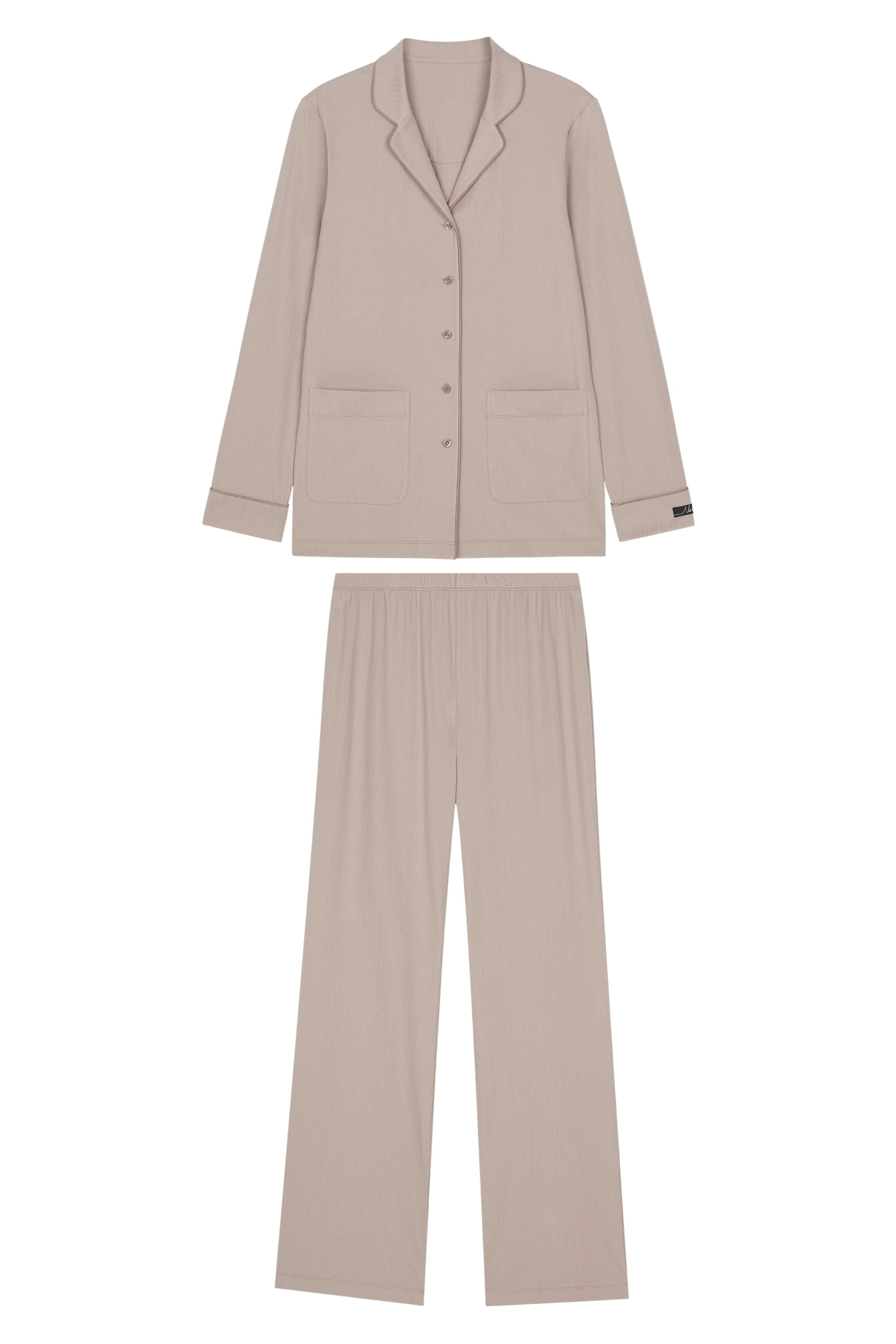 close up of coffee color pajama button up top and pants