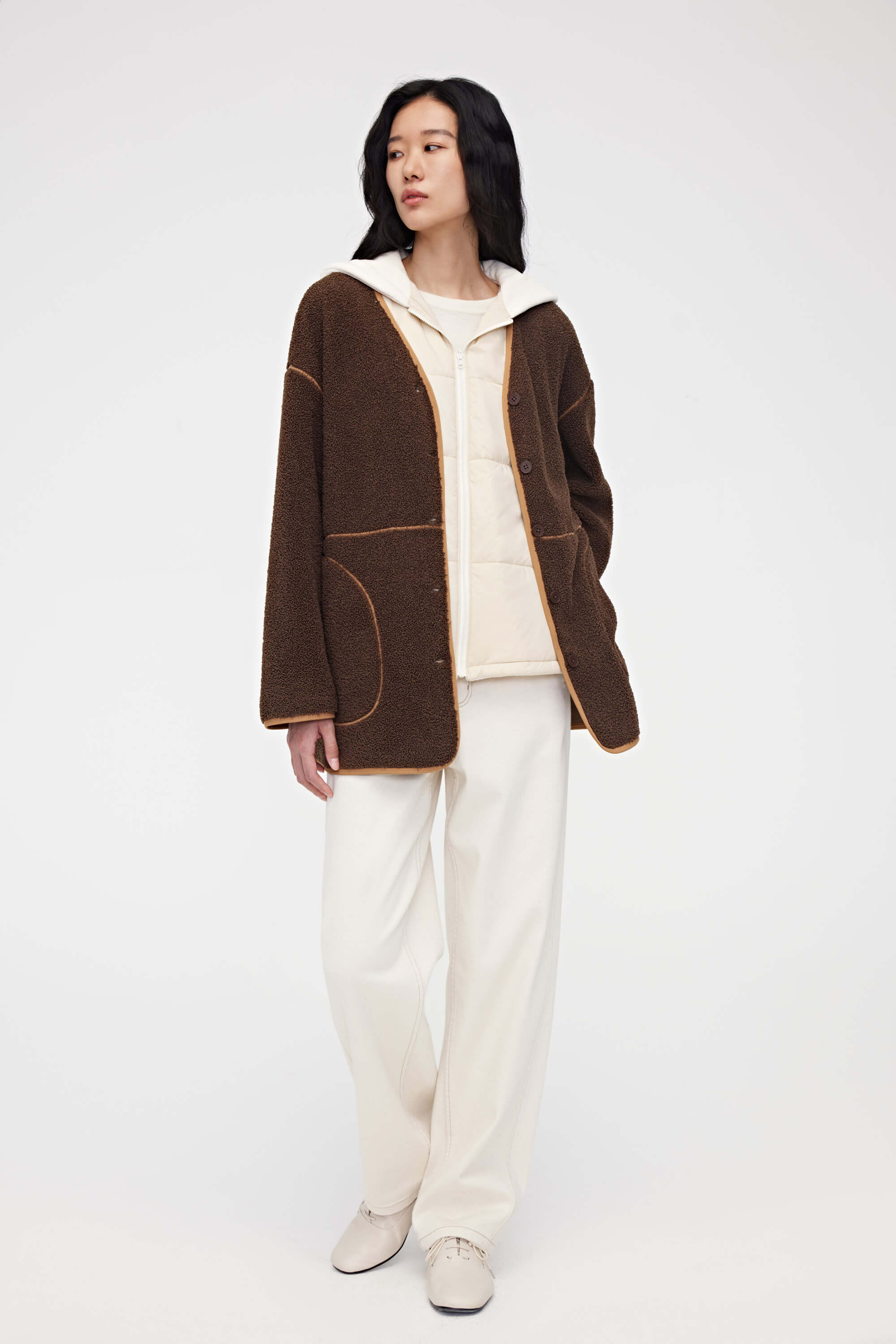 Woman wearing Dark Brown Teddy Fleece Jacket 