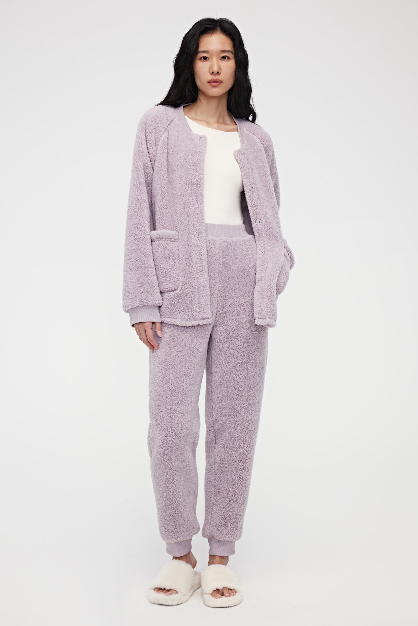Woman wearing purple Fleece Pajama Set