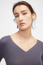 close up of the woman in the purple v neck sweater