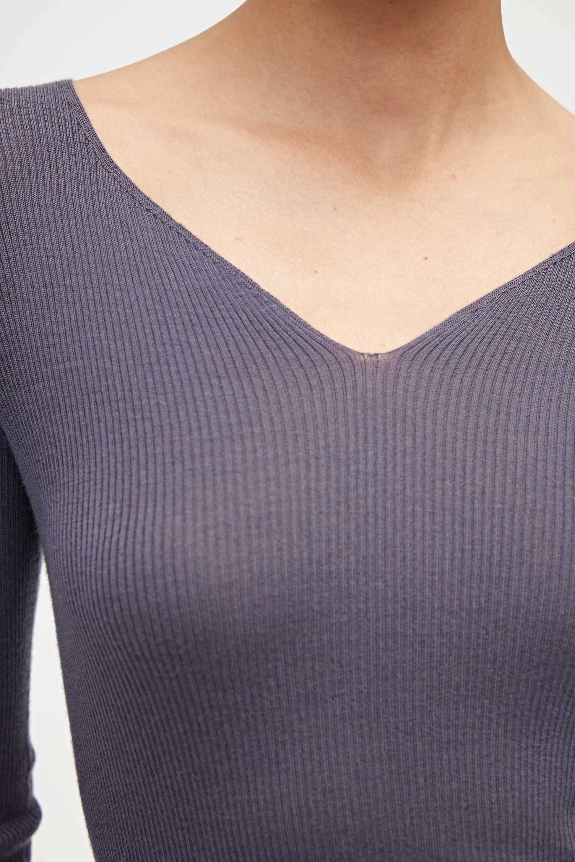 close up of the neck line of the purple v neck sweater