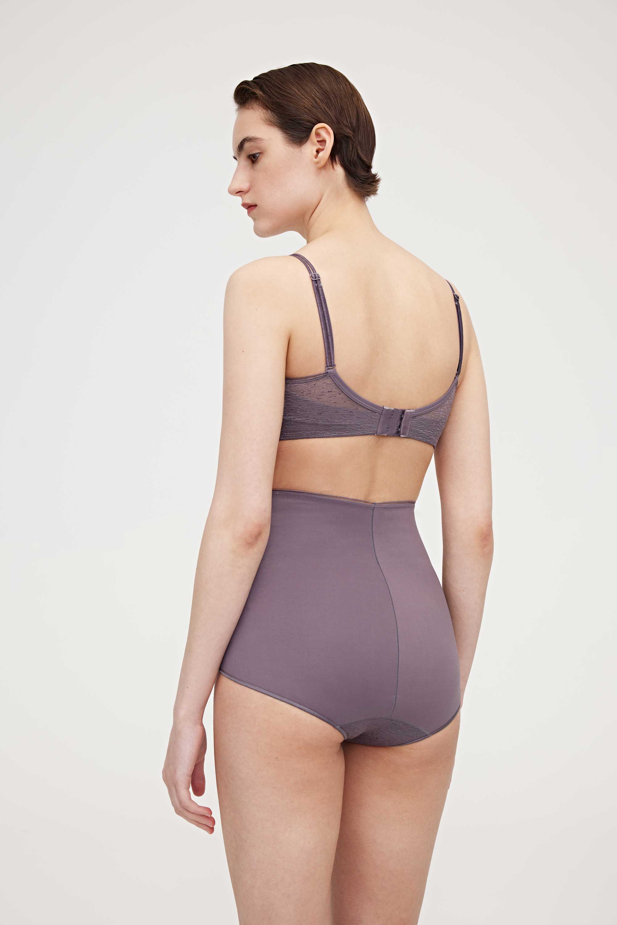 back of purple bra and high waist brief