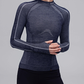 woman in navy mock neck top