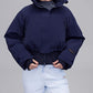 woman in navy down jacket