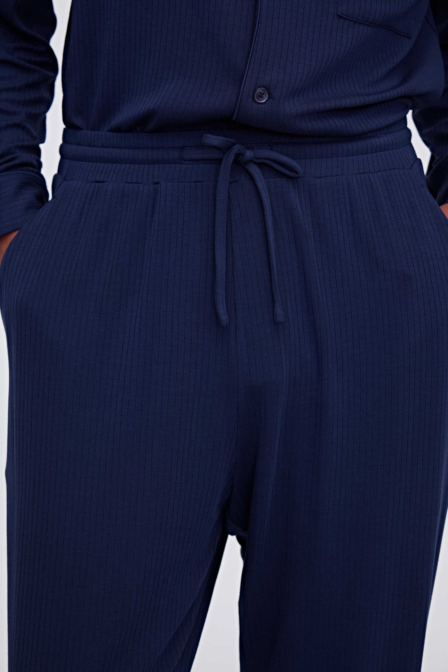 close up of navy pajama pants waist