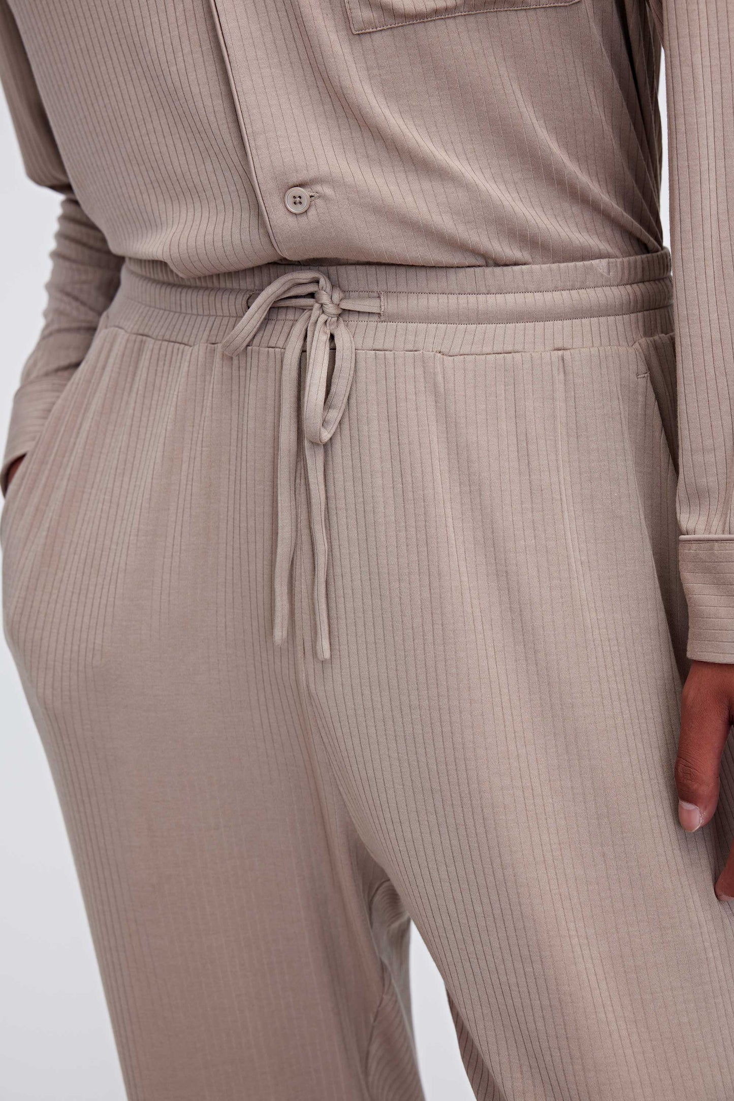 close up of tan pajama pants