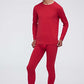 A man wears a red thermal set and faces left