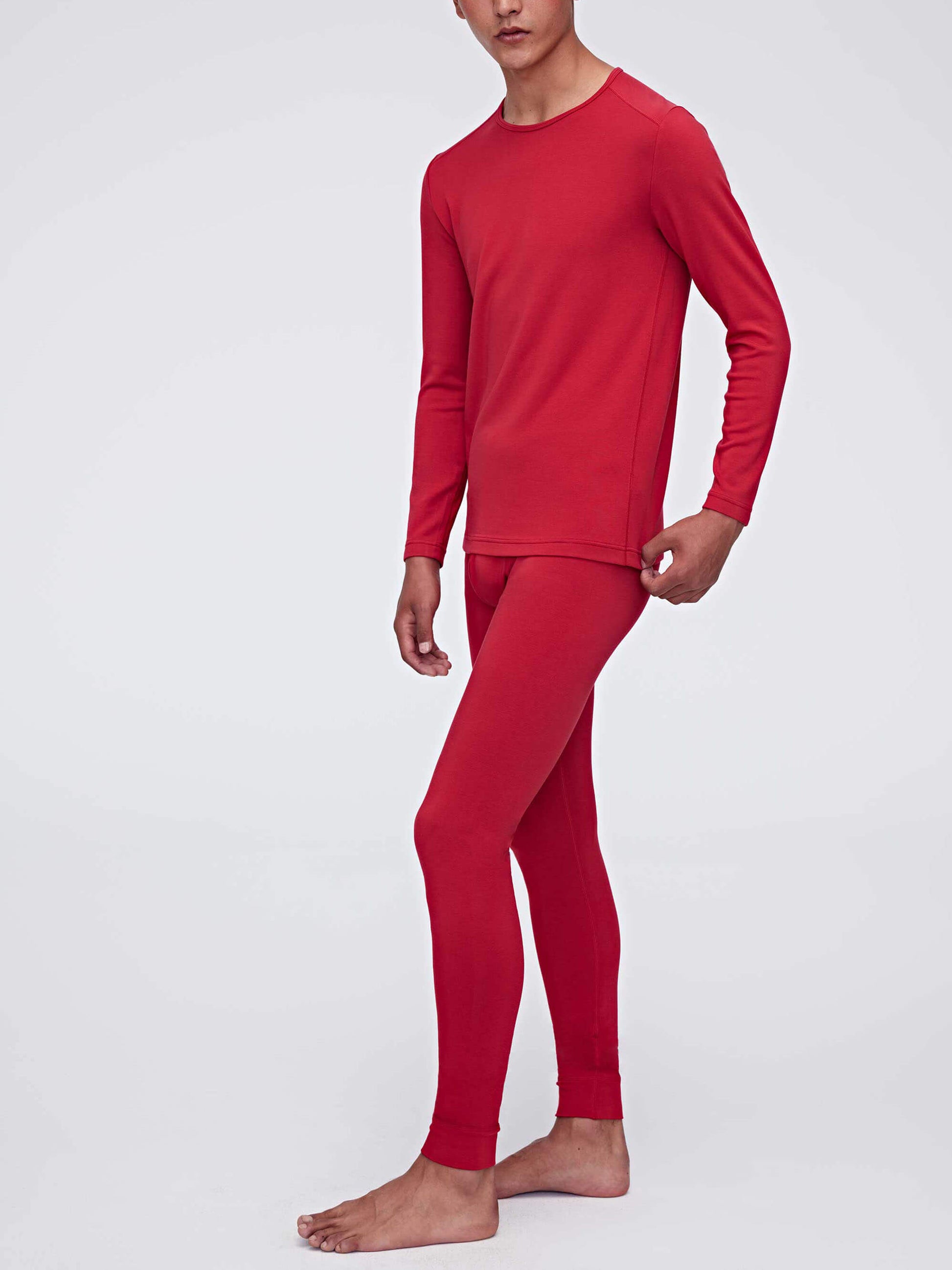 A man wearing a red thermal set