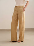 a woman wearing a yellow wide leg trousers with white tee