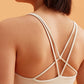 back of a woman wearing a white sports bra. 
