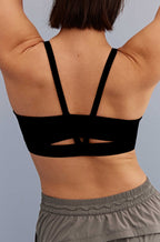 back of a woman wearing a sports bra with V back shape