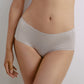 Closeup of woman wearing gray briefs