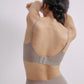 Back view of a model wearing a gray purple bra with adjustable straps and a back closure, arms extended forward, highlighting the bra’s supportive fit and mesh detailing.