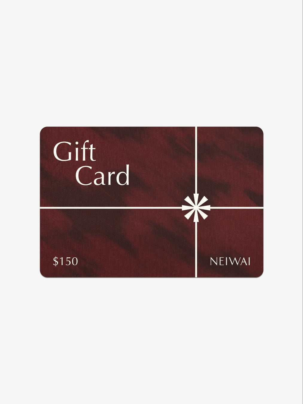 Maroon gift card with white text and NEIWAI branding on a white background