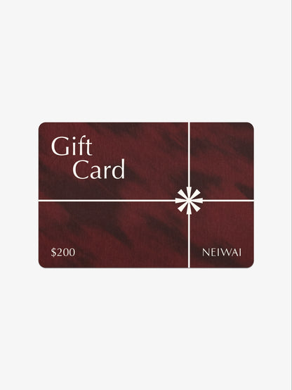 Maroon gift card with white text and NEIWAI branding on a white background
